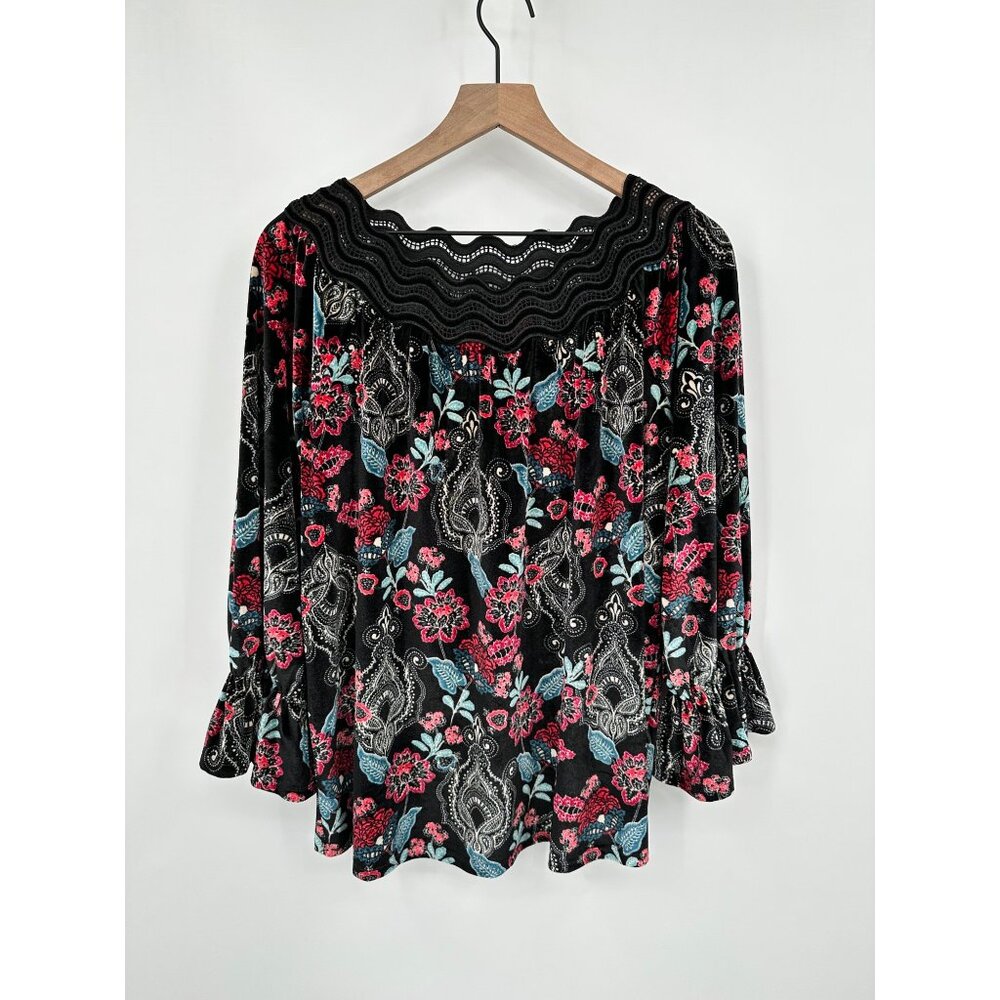 Rafaella Velvet Floral Tunic Top Women Large Black Lace Neckline 3/4 Bell Sleeve